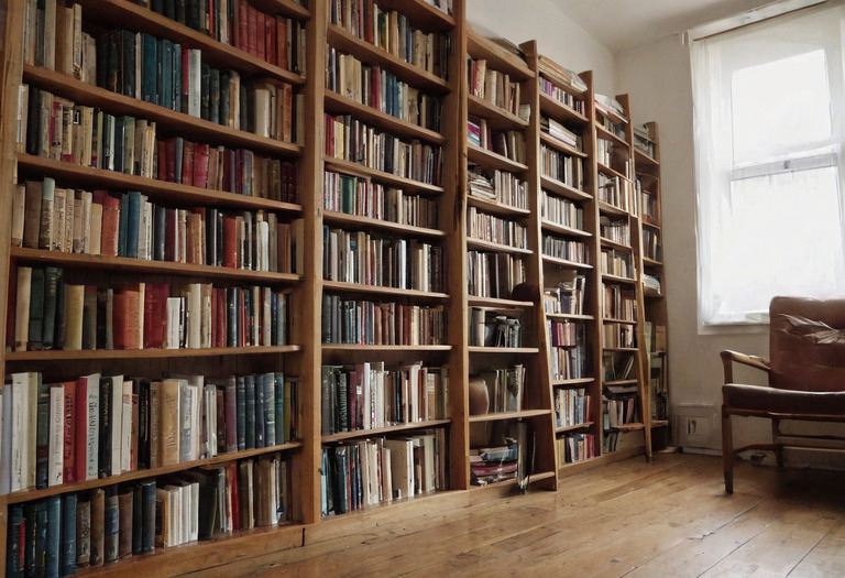 Стена стеллажей, плотно заполненных книгами, у окна